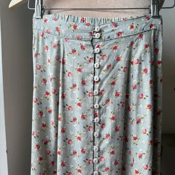 Vintage 90s Express Floral Midi Skirt Blue Rose Print Button Front Cottagecore S - Picture 2 of 11